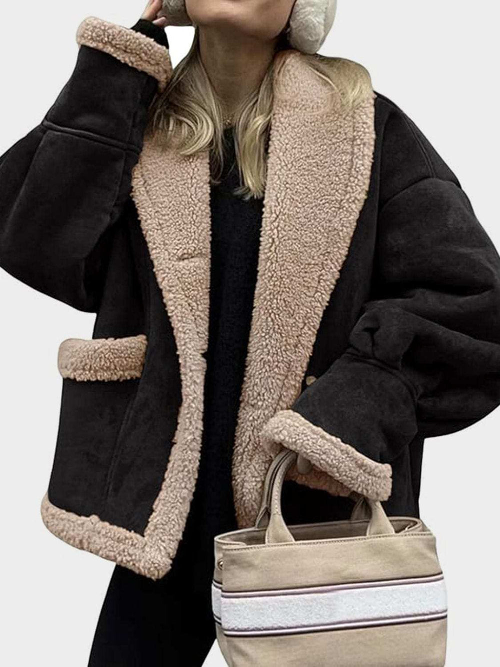 Fuzzy Collared Neck Long Sleeve Jacket - Trendsi - Flyclothing LLC