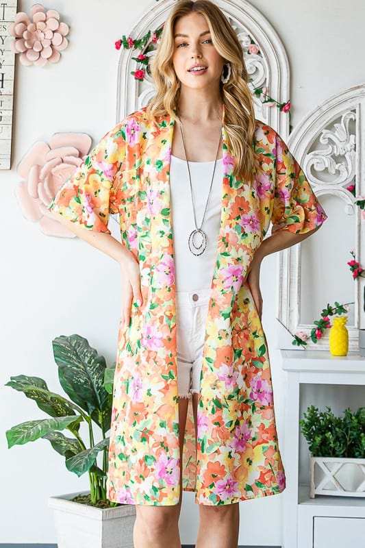 Heimish Full Size Half Sleeve Multi Color Floral Open Cardigan Plus Size - Trendsi - Flyclothing LLC