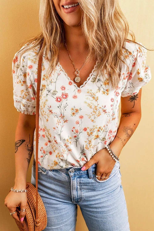 Printed V-Neck Puff Sleeve Blouse - Trendsi - Flyclothing LLC