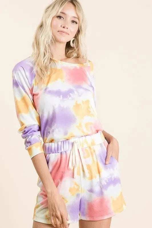 BiBi Tie Dye French Terry Top and Shorts Set - Trendsi - Flyclothing LLC