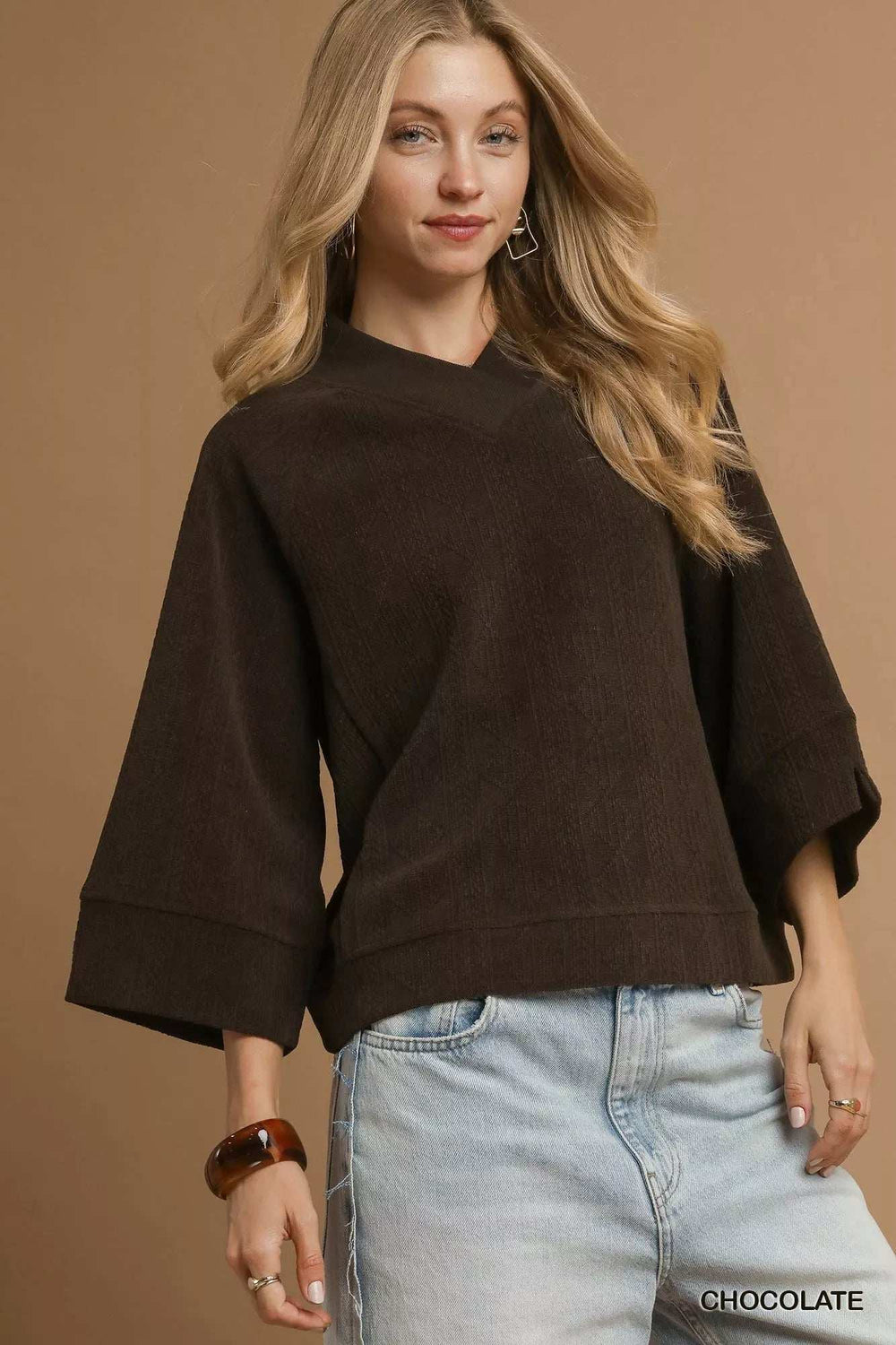 Umgee Textured Knit V-Neck Top - Trendsi - Flyclothing LLC