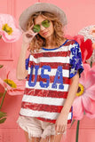 BiBi American Flag Theme USA Lettering Sequin Top - Trendsi - Flyclothing LLC