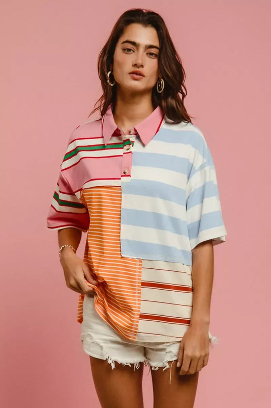 BiBi Mix And Match Stripe Color Block Shirt - Trendsi - Flyclothing LLC
