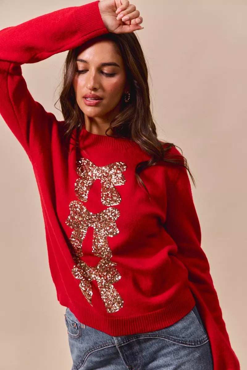SO ME Sequins Bow Ribbon Embellished Christmas Sweater - Trendsi - Flyclothing LLC