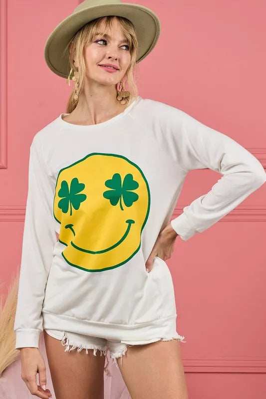 BiBi Smile Face Graphic Round Neck Long Sleeve Top - Trendsi - Flyclothing LLC