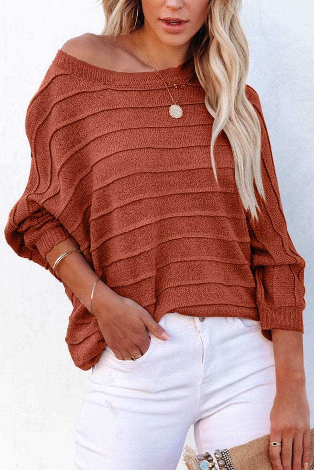 Round Neck Long Sleeve Knit Top - Trendsi - Flyclothing LLC