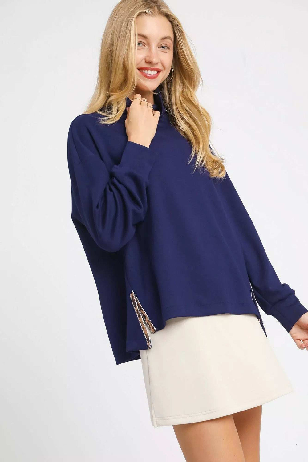 Umgee Turtle Neck Dolman Sleeve Side Slit Sweater with Contrast Detail - Trendsi - Flyclothing LLC
