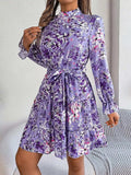 Printed Mock Neck Flounce Sleeve Mini Dress - Trendsi - Flyclothing LLC