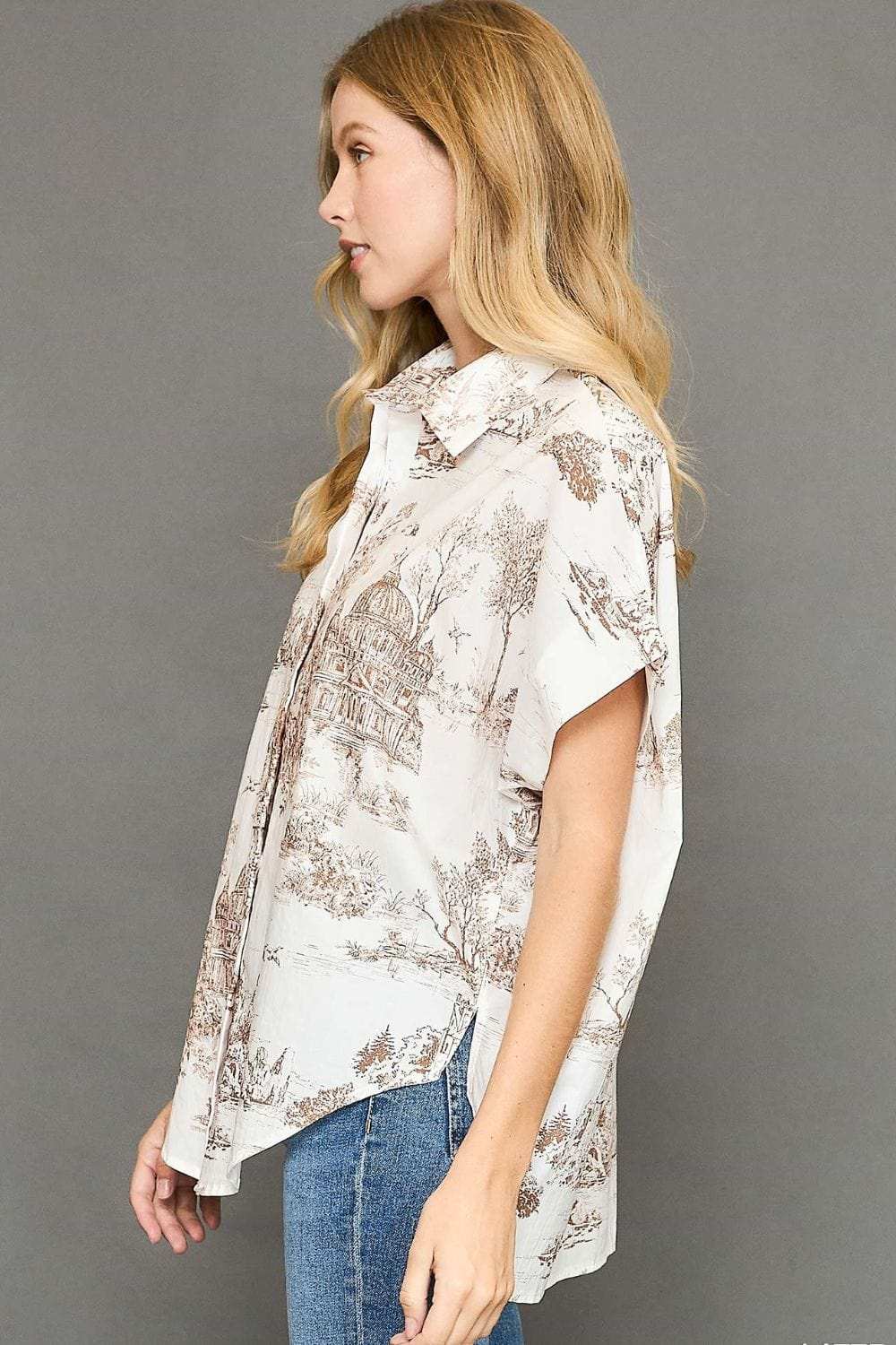 Umgee Full Size Two Tone Print Button Up Short Sleeve Shirt Plus Size - Trendsi - Flyclothing LLC