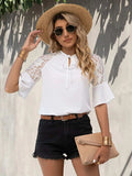 Lace Detail Tie Neck Half Sleeve Blouse - Trendsi - Flyclothing LLC