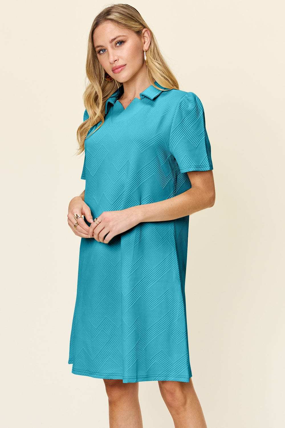 Double Take Full Size Texture Collared Neck Short Sleeve Dress - Trendsi - Flyclothing LLC