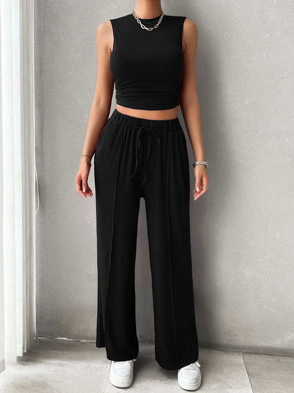 Mock Neck Sleeveless Top and Drawstring Pants Set - Trendsi - Flyclothing LLC
