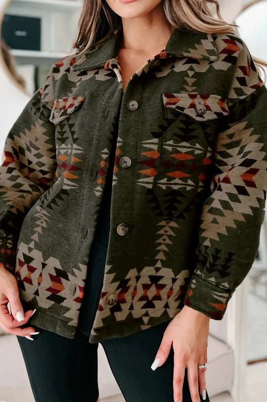 Pocketed Geometric Collared Neck Jacket - Trendsi - Flyclothing LLC