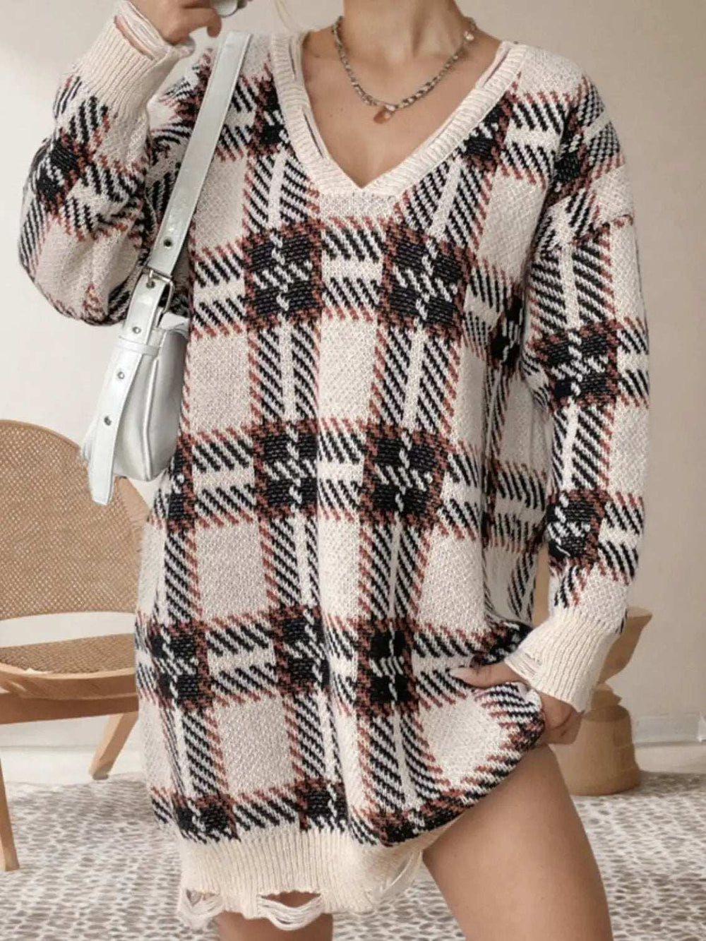 Distressed Plaid V-Neck Long Sleeve Sweater Dress - Trendsi - Flyclothing LLC