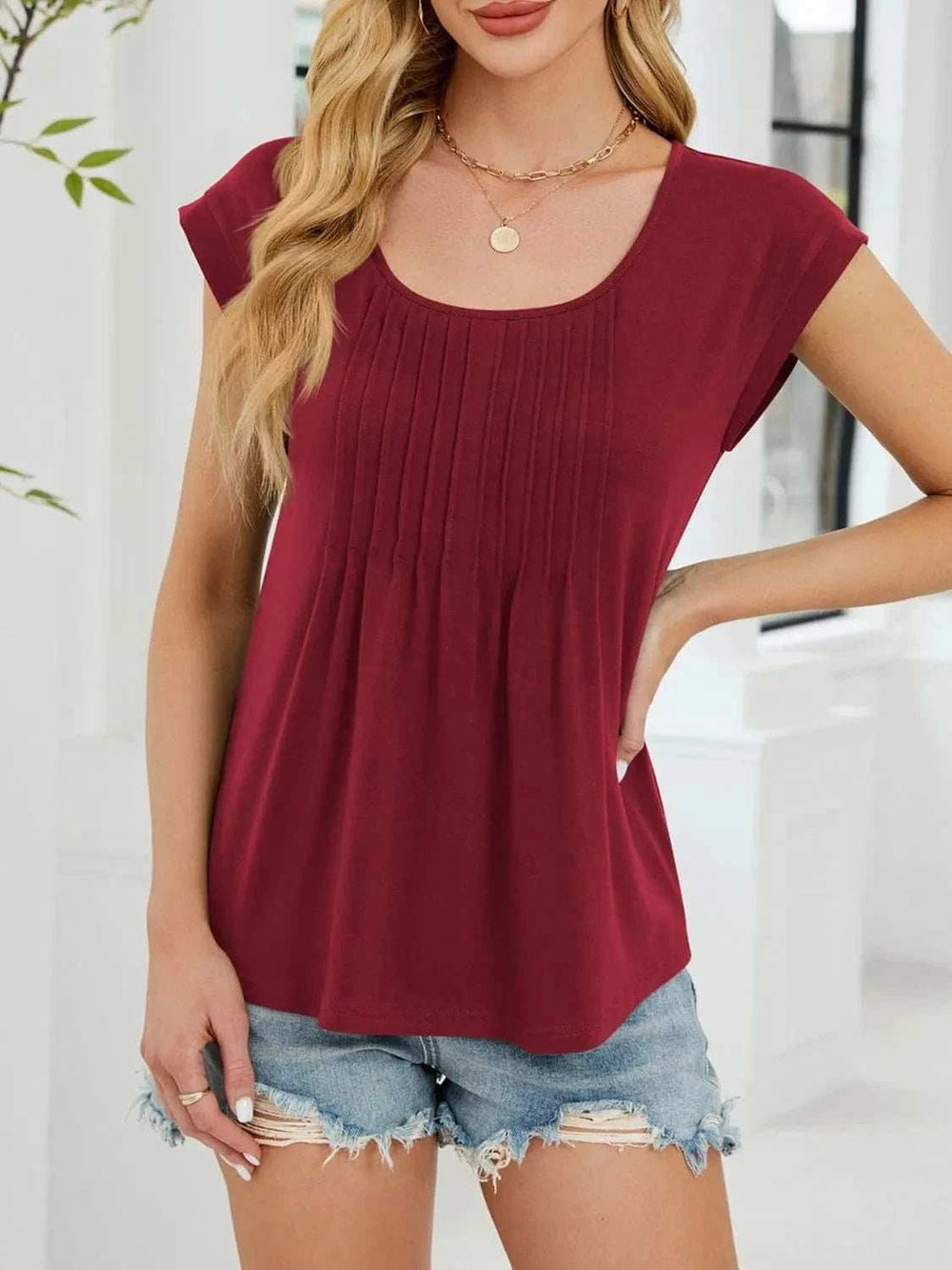 Pleated Front Scoop Neck T-Shirt - Trendsi - Flyclothing LLC