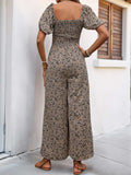 Perfee Smocked Printed Square Neck Puff Sleeve Jumpsuit - Trendsi - Flyclothing LLC