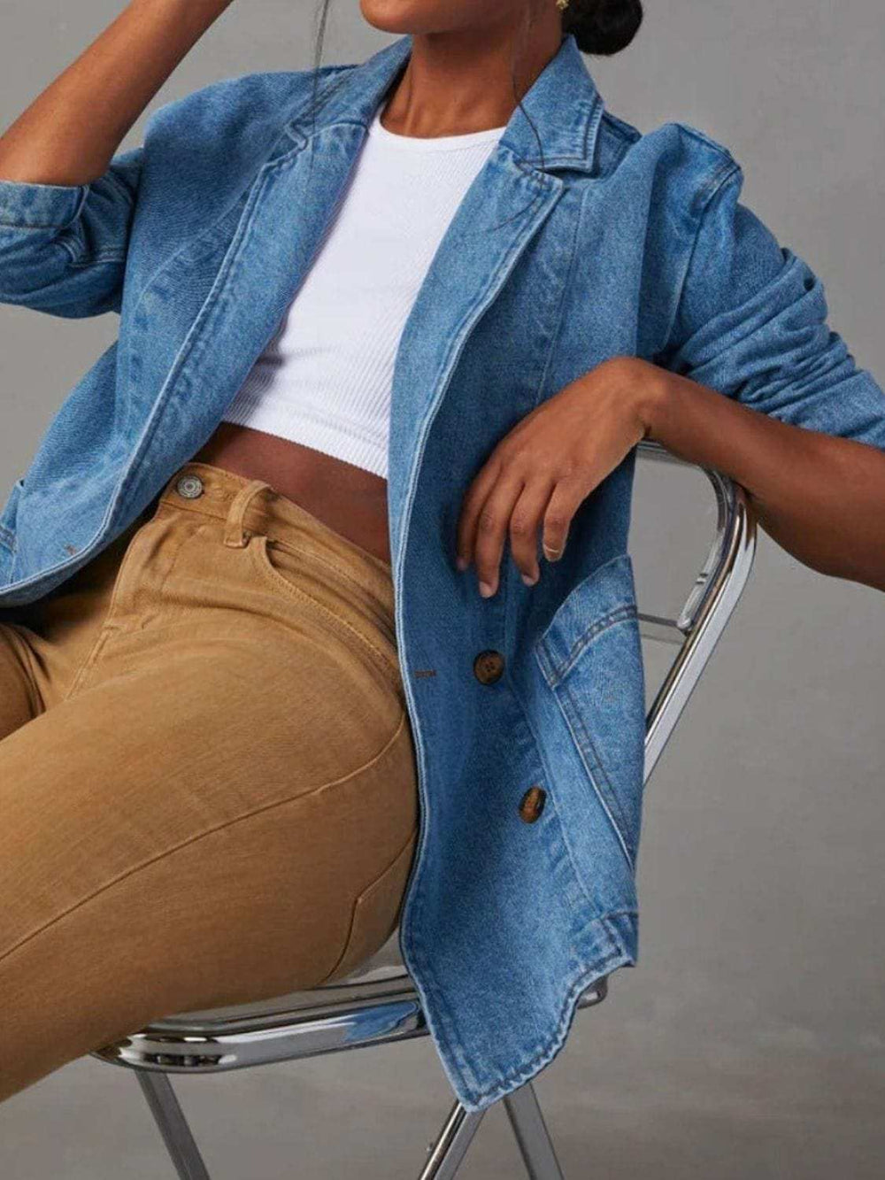 Pocketed Lapel Collar Long Sleeve Denim Jacket - Trendsi - Flyclothing LLC