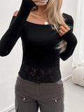 Single Shoulder Long Sleeve Lace T-Shirt - Trendsi - Flyclothing LLC