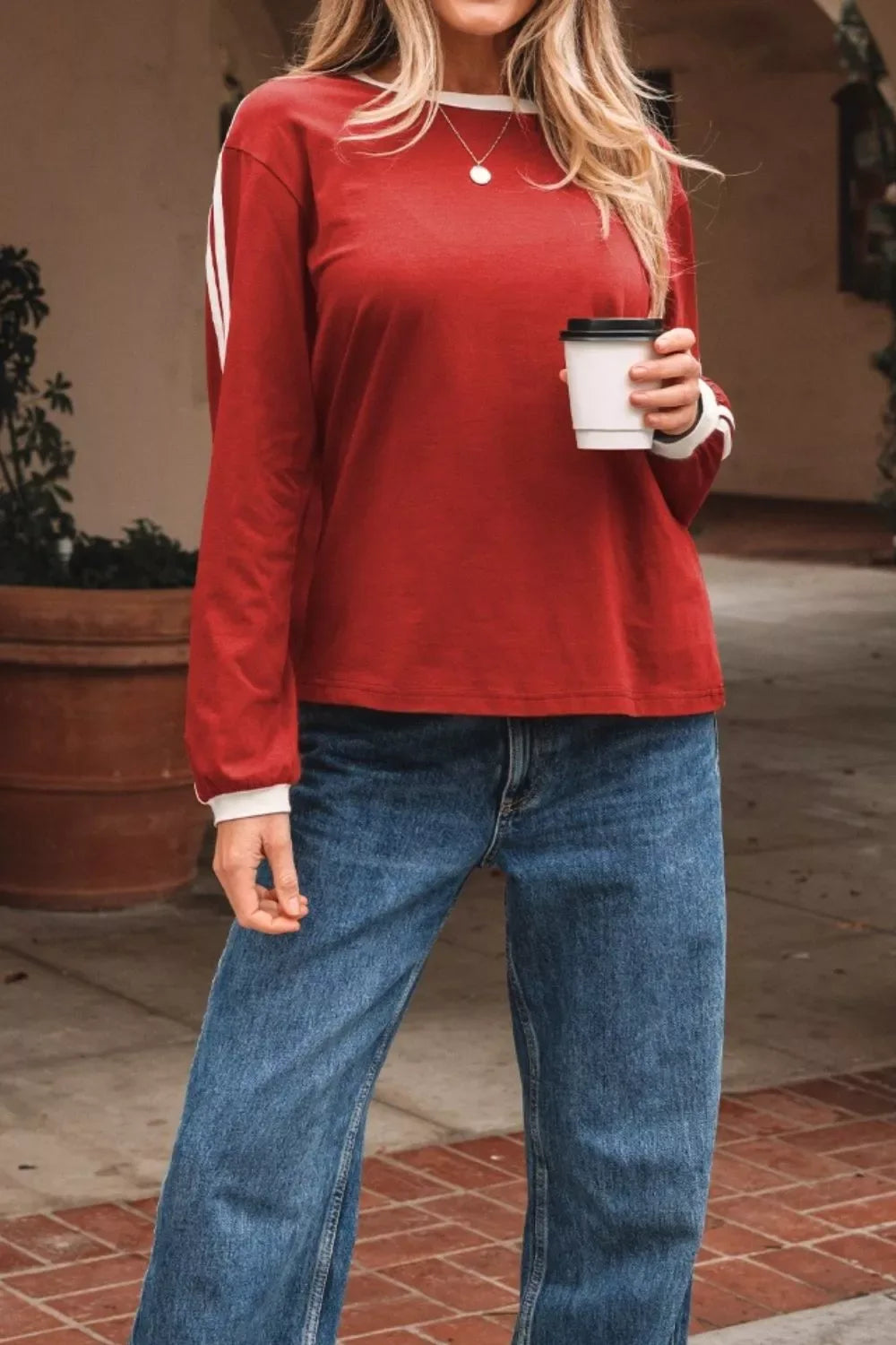 Long Sleeve T-Shirt with Contrast Trim - Trendsi - Flyclothing LLC