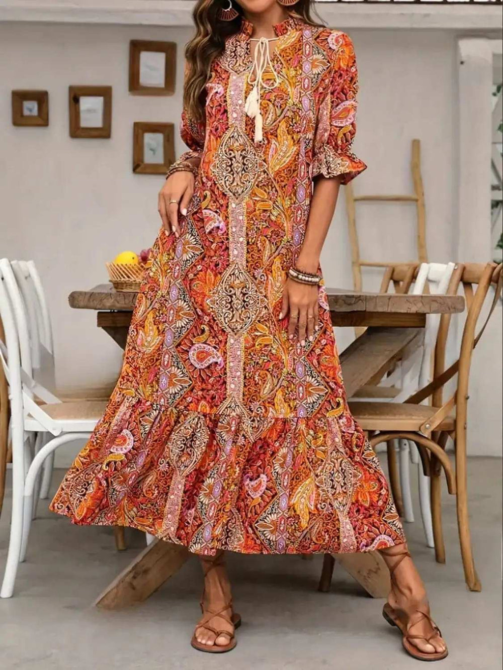 Printed Tie Neck Flounce Sleeve Midi Dress - Trendsi - Flyclothing LLC