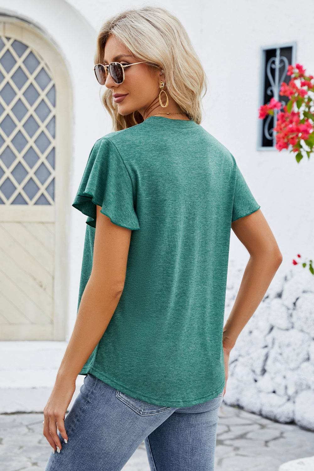 V-Neck Flutter Sleeve T-Shirt - Trendsi - Flyclothing LLC