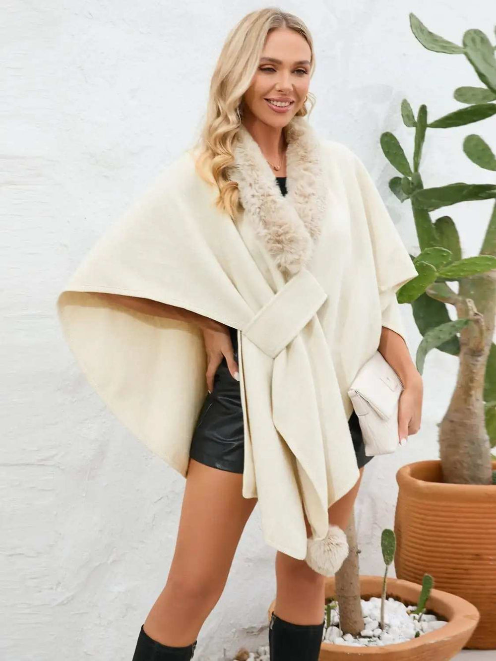 Fuzzy Trim Open Front Poncho - Trendsi - Flyclothing LLC