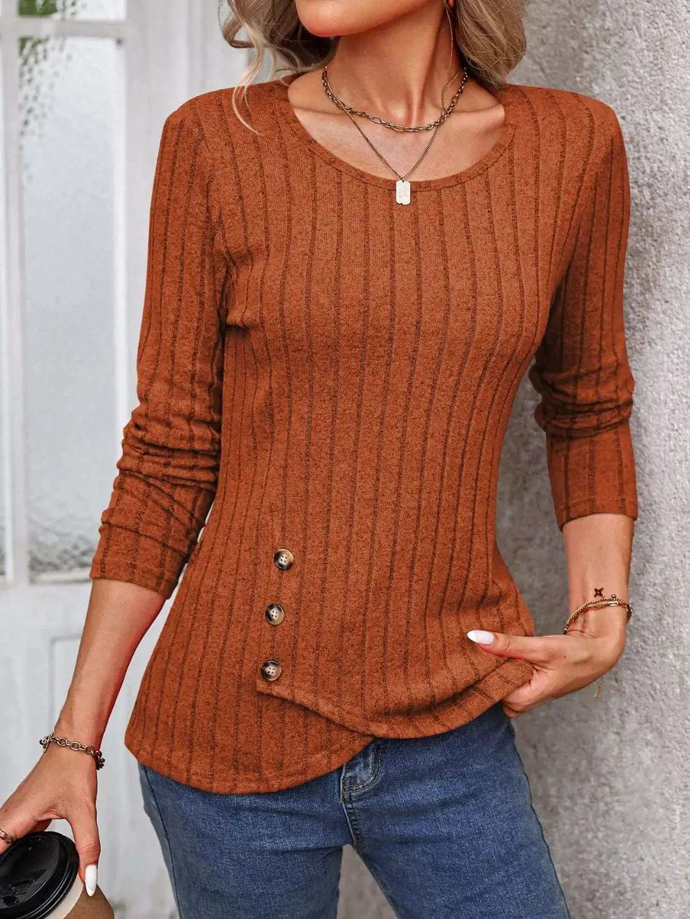 Decorative Button Round Neck Long Sleeve T-Shirt - Trendsi - Flyclothing LLC