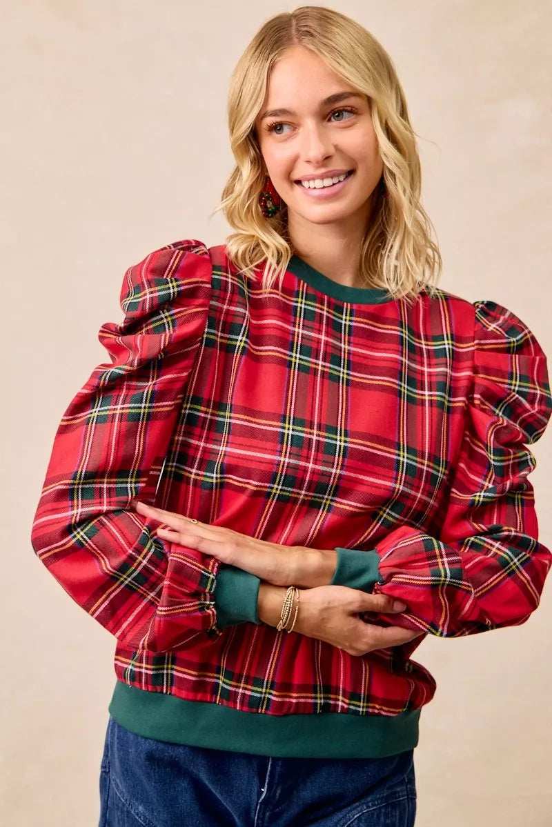 BiBi Christmas Plaid Exaggerated Shoulder Sleeves Top - Trendsi - Flyclothing LLC