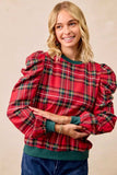 BiBi Christmas Plaid Exaggerated Shoulder Sleeves Top - Trendsi - Flyclothing LLC
