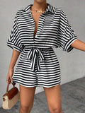 Tie Waist Half Button Striped Romper - Trendsi - Flyclothing LLC