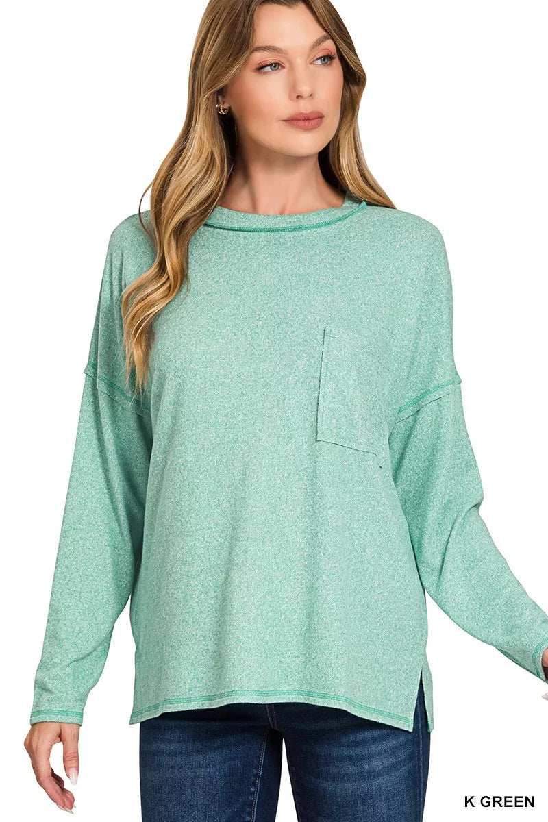 Zenana Soft Melange Hacci Round-Neck Long Sleeve T-Shirt - Trendsi - Flyclothing LLC