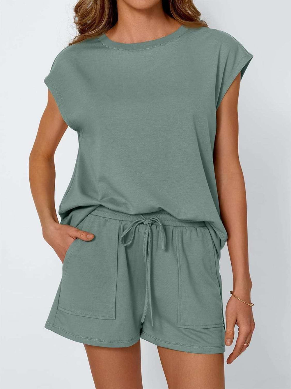 Round Neck Cap Sleeve Top and Shorts Set - Trendsi - Flyclothing LLC