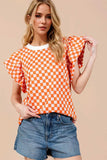 Oh Checkered Round Neck Puff Sleeve Blouse - Trendsi - Flyclothing LLC