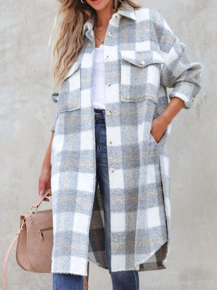 Oversized Plaid Button Up Longline Jacket - Trendsi - Flyclothing LLC