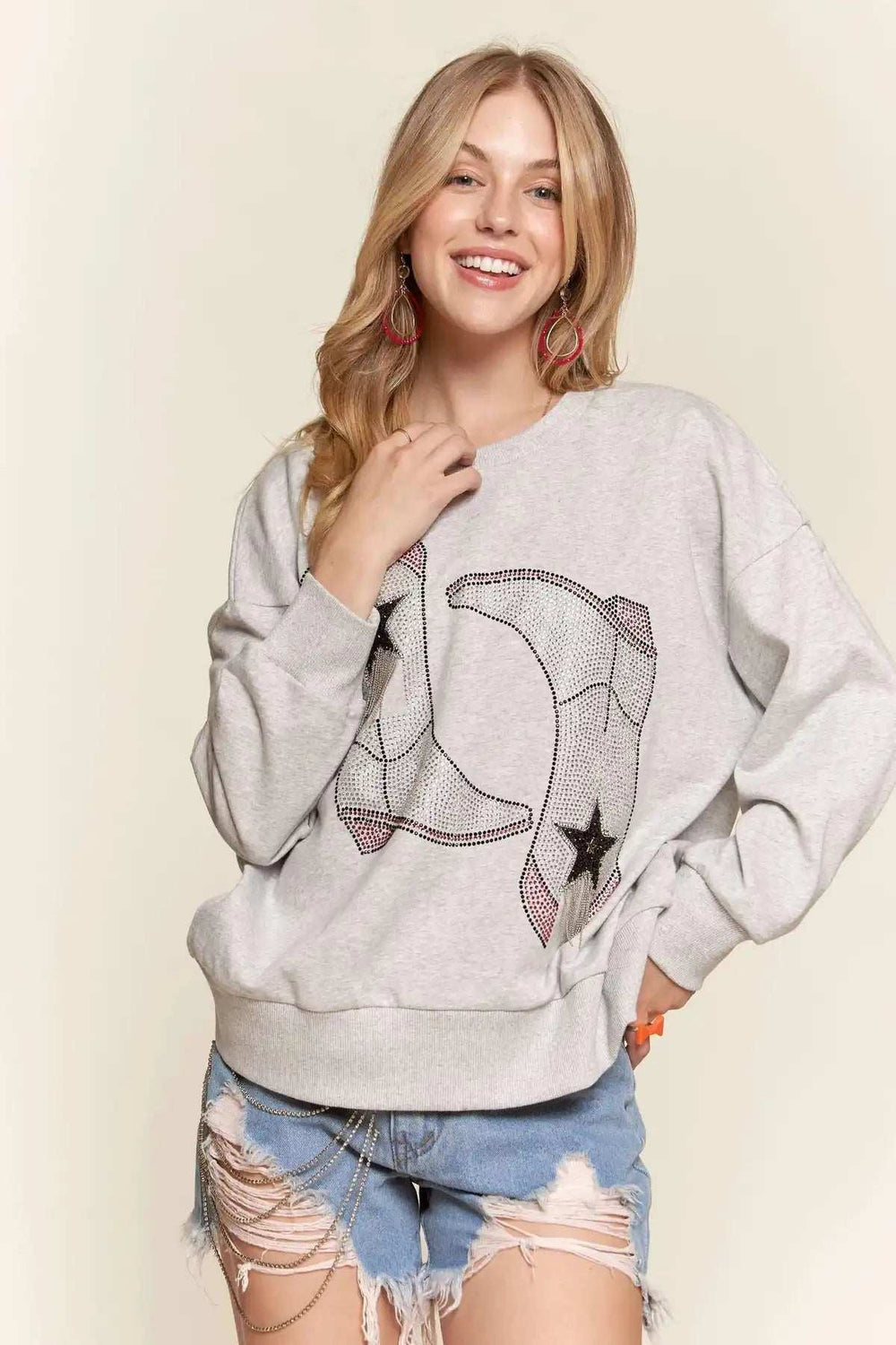 ADORA Rhinestone Accent Casual Sweatshirt - Trendsi - Flyclothing LLC