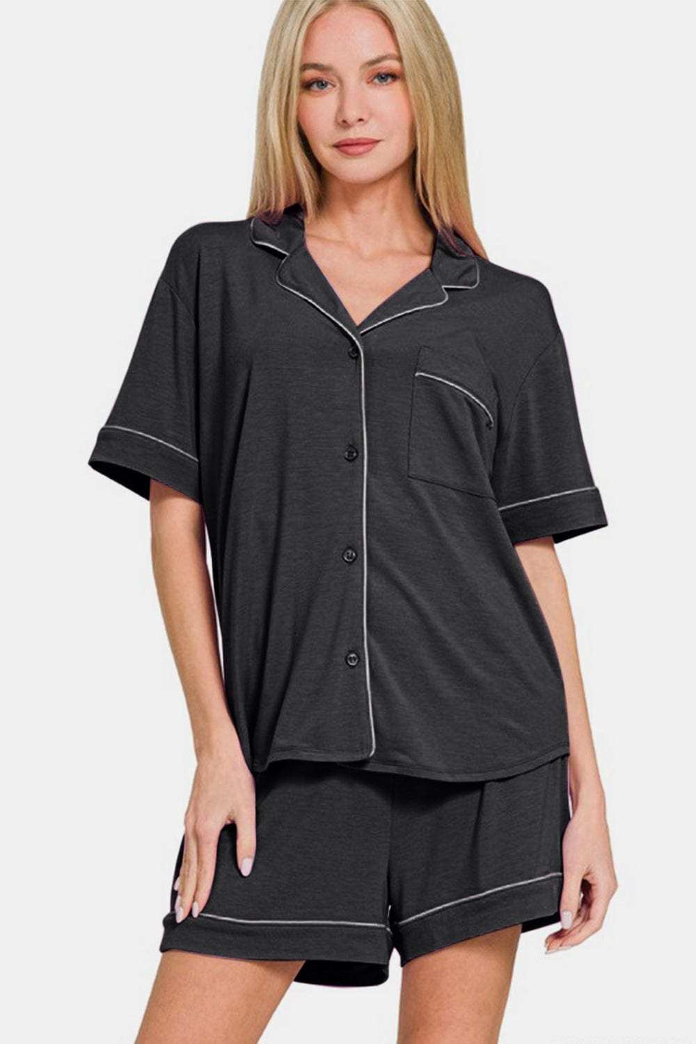 Zenana Button Down Short Sleeve Top and Shorts Lounge Set - Trendsi - Flyclothing LLC
