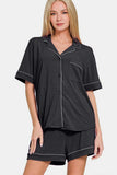 Zenana Button Down Short Sleeve Top and Shorts Lounge Set - Trendsi - Flyclothing LLC