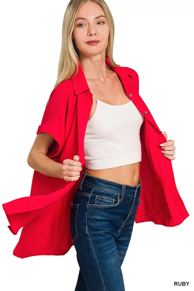 Zenana Woven Airflow Button Down Shirt - Trendsi - Flyclothing LLC