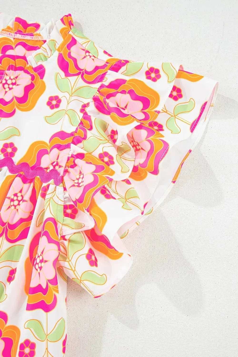 Floral Ruffled Sleeve Ric-Rac Trim Split Neck Loose Blouse - Trendsi - Flyclothing LLC