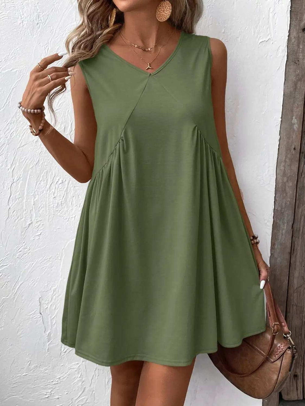 Ivy Lane Ruched V-Neck Sleeveless Mini Dress - Trendsi - Flyclothing LLC