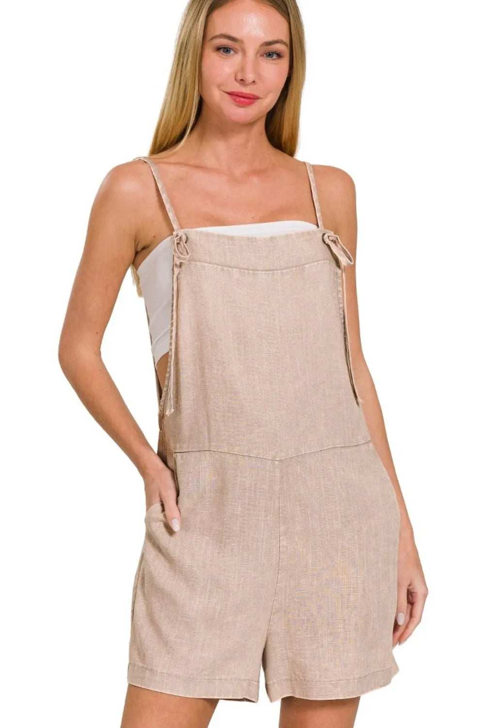 Zenana Washed Linen Knot Strap Rompers - Trendsi - Flyclothing LLC
