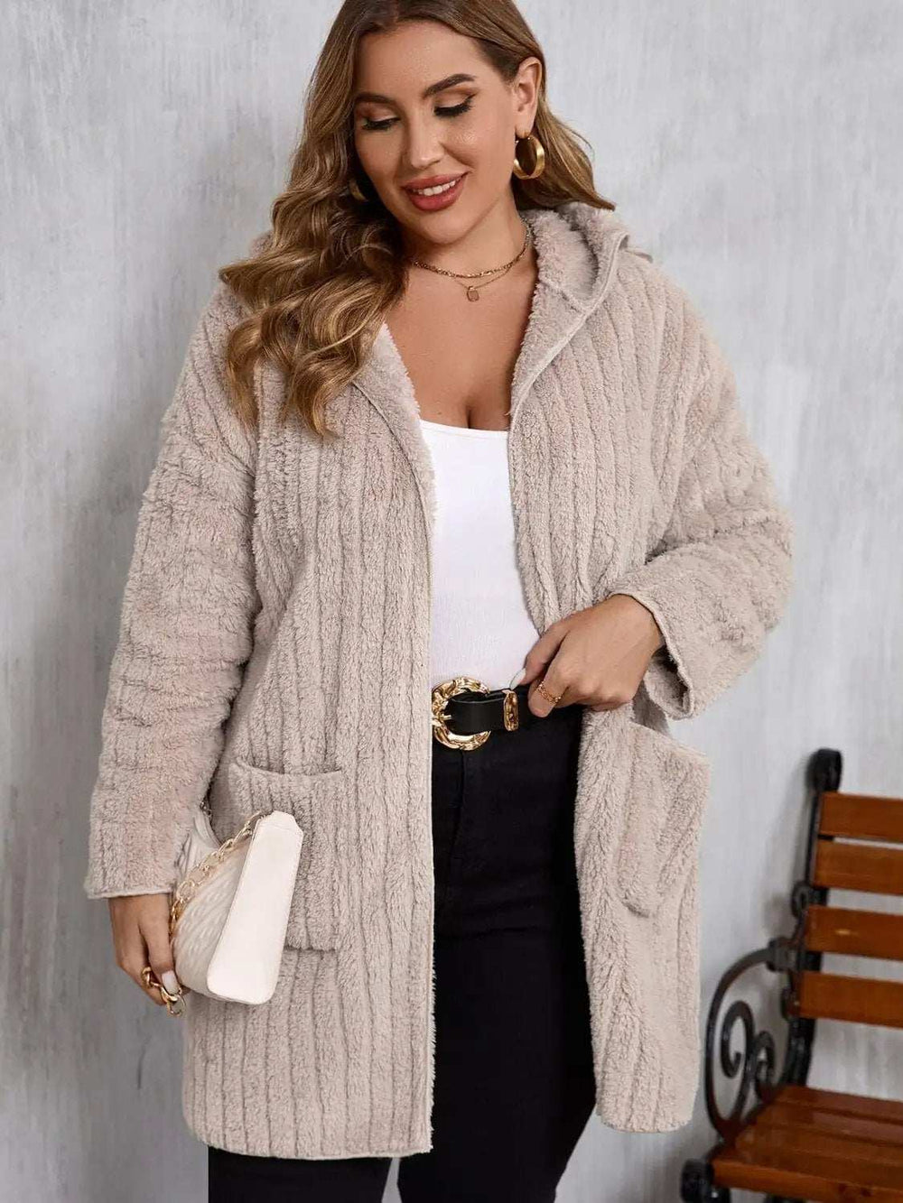 Plus Size Open Front Long Sleeve Hooded Fuzzy Jacket - Trendsi - Flyclothing LLC