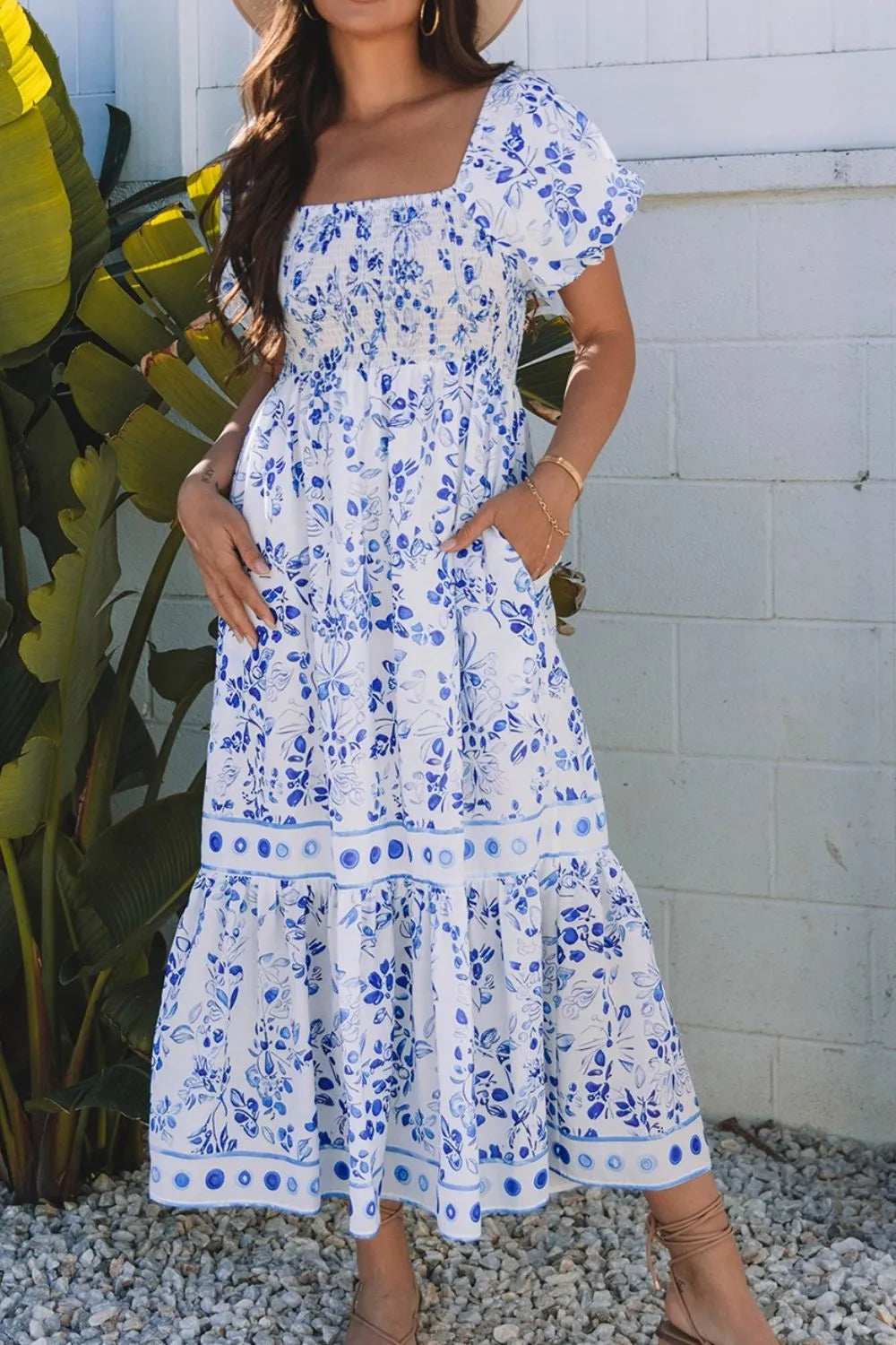 Smocked Printed Square Neck Puff Sleeve Dress - Trendsi - Flyclothing LLC