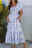 Smocked Printed Square Neck Puff Sleeve Dress - Trendsi - Flyclothing LLC