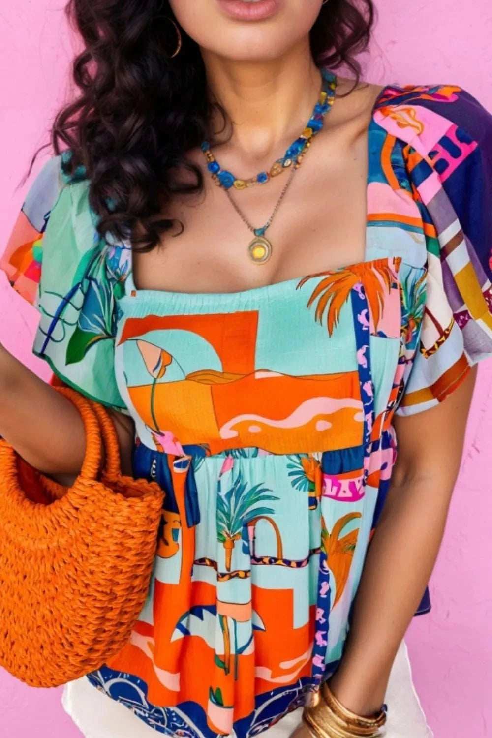 Printed Square Neck Ruffled Short Sleeve Blouse - Trendsi - Flyclothing LLC