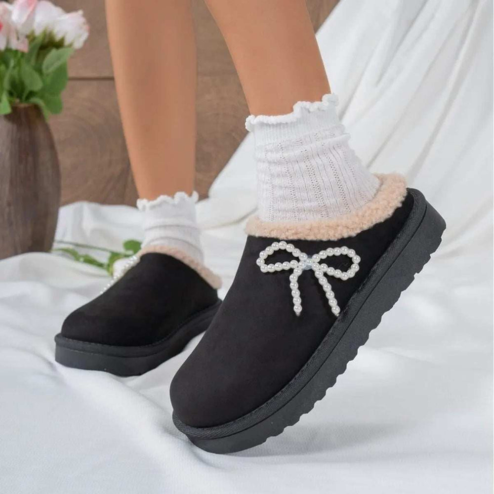 Pearl Bow Round Toe Slippers - Trendsi - Flyclothing LLC