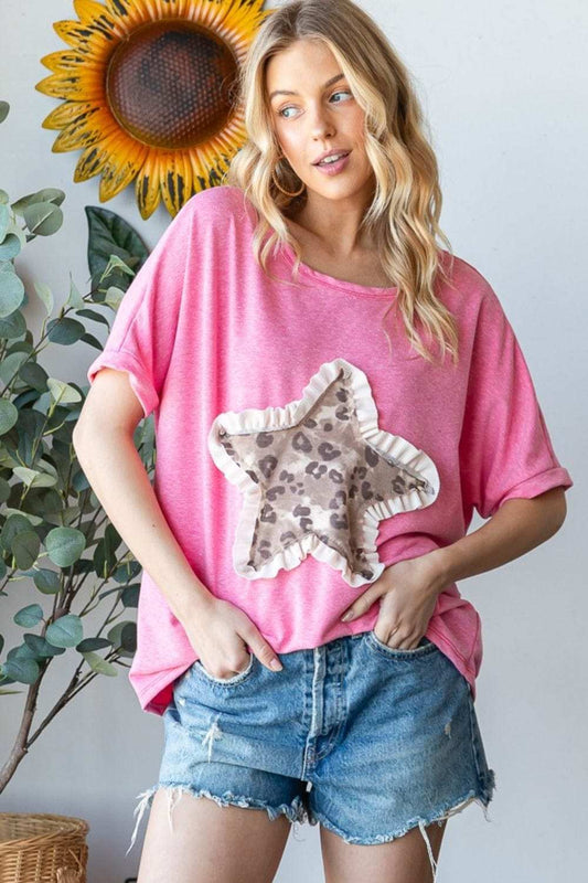 HOPELY Leopard Star Patch Short Sleeve T-Shirt - Trendsi - Flyclothing LLC