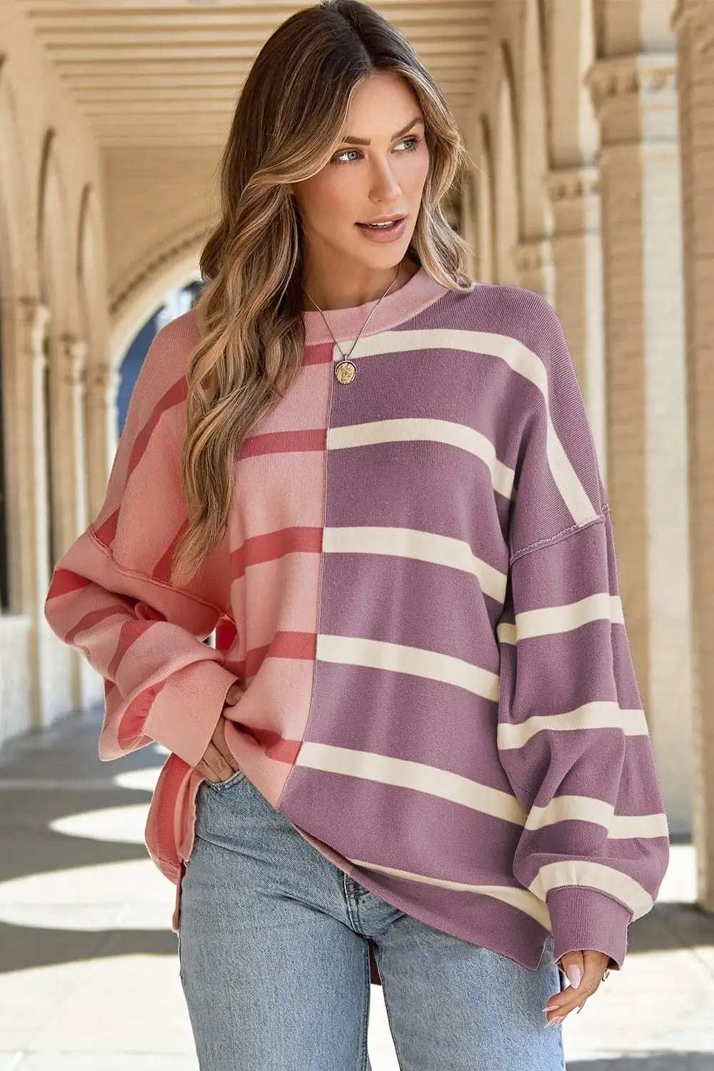 Striped Round Neck Long Sleeve Knit Top - Trendsi - Flyclothing LLC