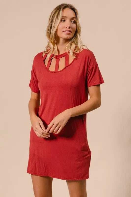 BiBi Front Cutout Mini Tee Dress with Pockets - Trendsi - Flyclothing LLC