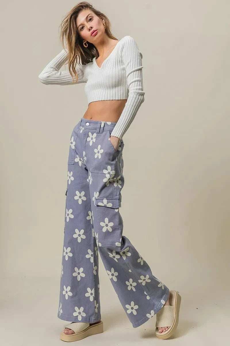 BiBi Flower Printed Side Pocket Wide Pants - Trendsi - Flyclothing LLC
